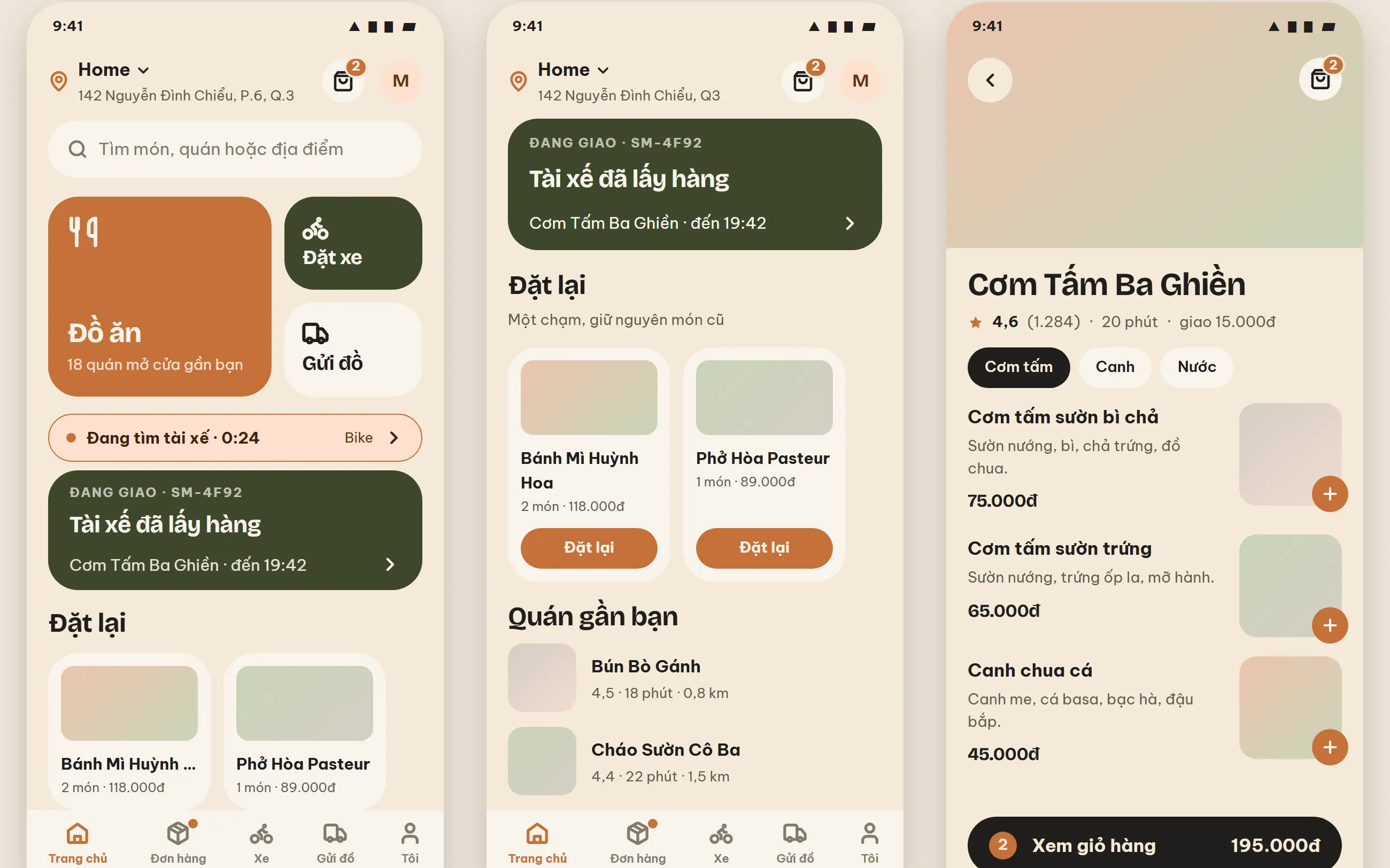 ShipMe customer app: the home hub, live order tracking with “Tài xế đã lấy hàng”, and a restaurant menu