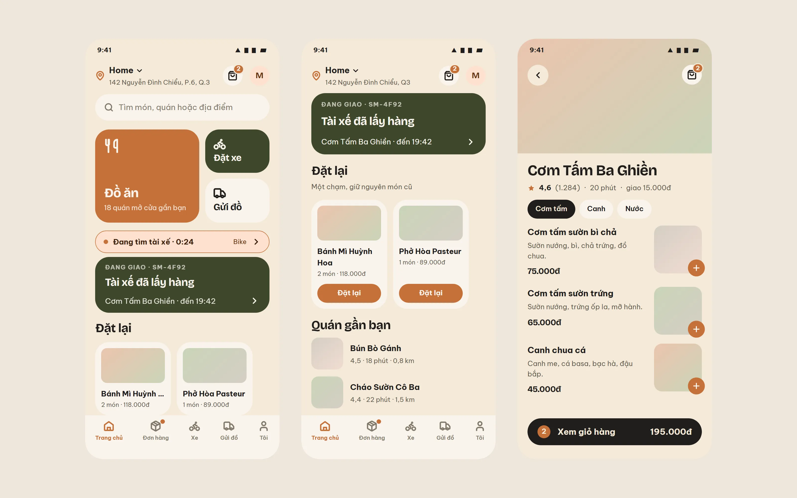 ShipMe customer app: the home hub, live order tracking with “Tài xế đã lấy hàng”, and a restaurant menu